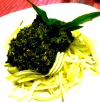 Freshly made Pesto with Courgette strips.